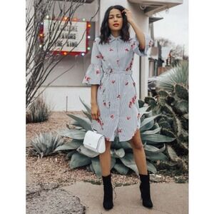 NWT Calvin‎ Klein Womens Shirt Dress 6 Black Striped Floral Embroidered Belted